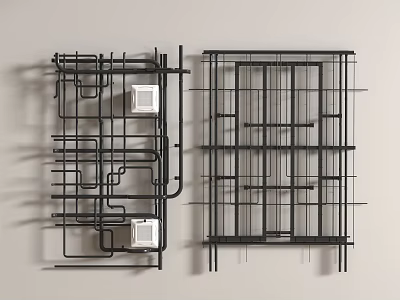 Black Pipes In Metal Grid Structure With White Squares On Gray Background 3d model
