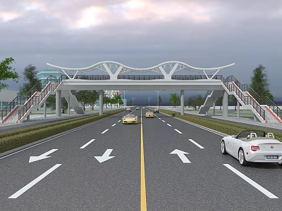 Modern Footbridge With Staircases Over Two Way Road With Cars And Trees 3d model