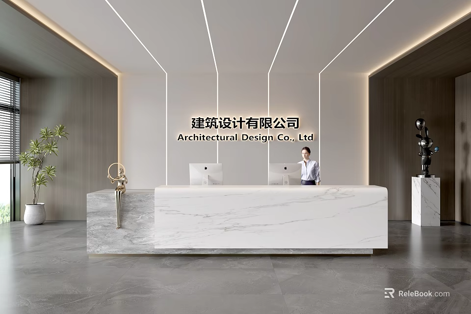 Modern Reception Desk of Architectural Design Company with Marble Countertop and Decorative Green Plant Sculpture 3d model 