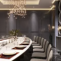 Luxurious Private Dining Room Interior With Round Table Gray Chairs Chandelier And Decorative Wall