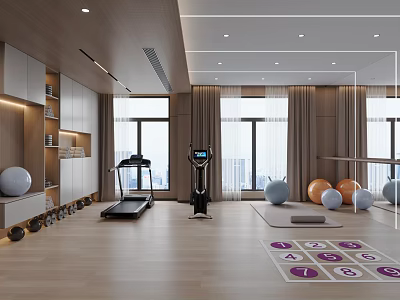 Modern Recreation Room Interior With Fitness Equipment And Large Windows 3d model