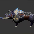 Mythical Armored Boar Creature With Blue Glowing Tusks Spiked Back And Chain Armor