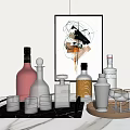 Stylish Home Bar Display With Liquor Bottles Wine Glasses Abstract Painting Cocktail Shaker And Tray