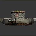 Rustic Stone Well Structure With Circular Red Gray Brick Border And Green Plants On Top