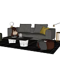 Gray Sofa Coffee Table Set with Yellow Cushion Brown Blanket Green Ottoman Black Plaid Rug
