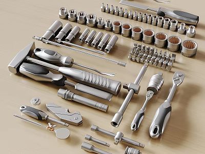 Various Kinds Of Silver Metal Tools Displayed On Wooden Surface 3d model