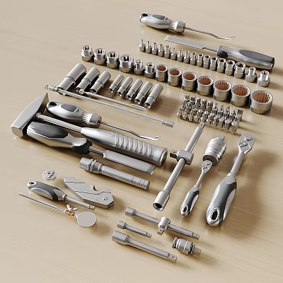 Various Kinds Of Silver Metal Tools Displayed On Wooden Surface 3d model Various Kinds Of Silver Metal Tools Displayed On Wooden Surface 3d model