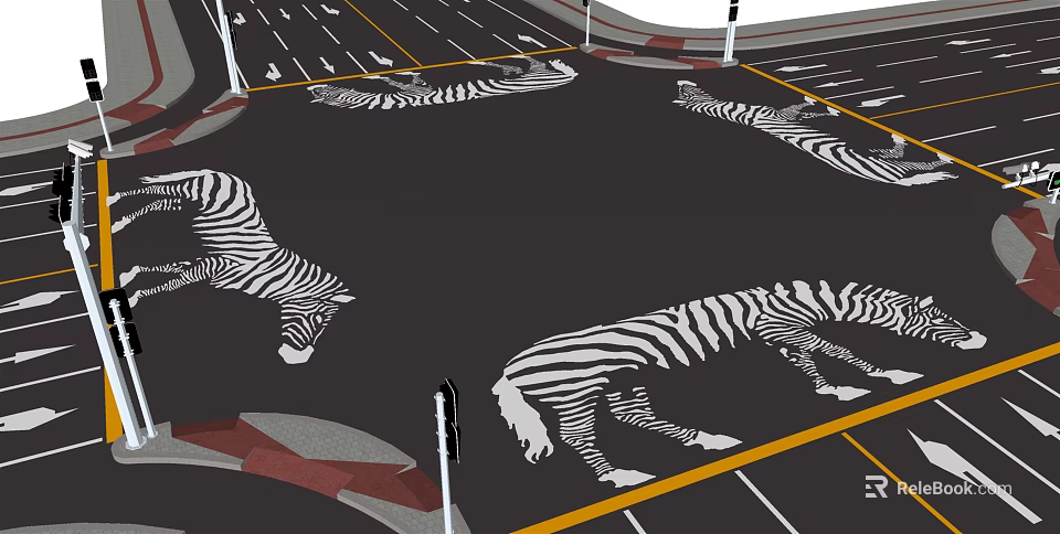 Road Infrastructure Featuring Zebra Crossings Traffic Lanes And Pedestrian Path Markings 3d model 