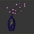 Elegant Purple Vase With Pink Blooms And Gold Mountain Pattern On Dark Background With Reflection