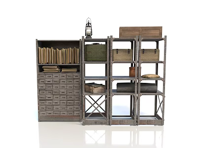 Vintage Storage Furniture With Drawer Cabinet Open Shelves Lantern And Wooden Boxes 3d model