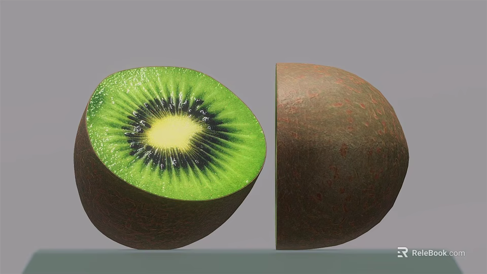 Halved Fresh Kiwi Fruit With Green Flesh Black Seeds And Brown Skin 3d model 