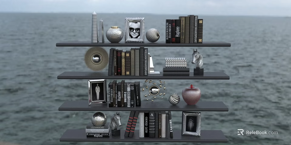 Modern Multi Tiered Bookshelf With Books Decorative Sculptures And Photo Frames 3d model 