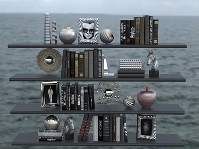 Modern Multi Tiered Bookshelf With Books Decorative Sculptures And Photo Frames 3d model