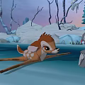 Cute Young Deer and Small Rabbit in Snowy Winter Landscape with Bare Trees