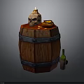 Wooden Barrel With Burning Skull Leather Pouch And Green Bottle