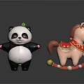 Cute Panda Plush Toy With Green Leaf And Red Rocking Horse With Golden Decorations