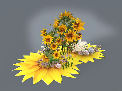 Artistic Floral Installation With Sunflowers Yellow White and Purple Decorative Flowers 3d model