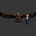 Small Blue Wizard Character With Red Hat Standing Beside Large Brown Eagle With Spread Wings 3d model