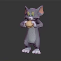 Gray Cat Cartoon Character With Pink Ears Standing And Holding Hamburger
