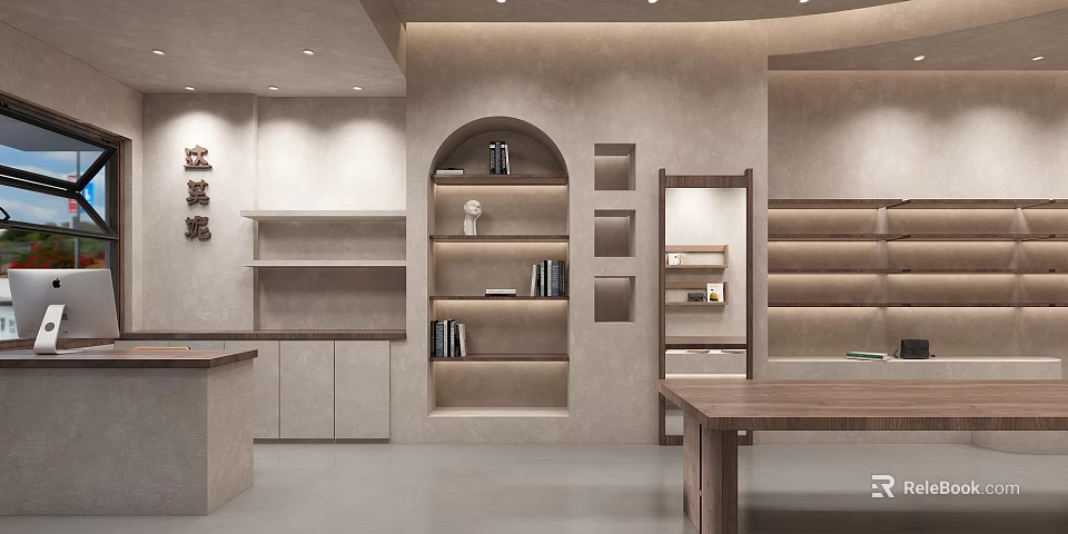 Modern Minimalist Mall Store Interior with Arched Walls Built in Shelves and Wooden Table 3d model 