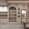 Modern Minimalist Mall Store Interior with Arched Walls Built in Shelves and Wooden Table