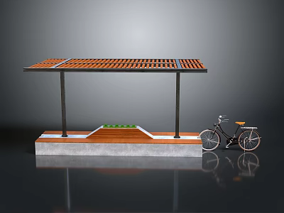 Outdoor Bicycle Shelter Structure With Wooden Grille Roof Metal Posts Concrete Base And Parked Bicycle 3d model