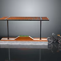 Outdoor Bicycle Shelter Structure With Wooden Grille Roof Metal Posts Concrete Base And Parked Bicycle