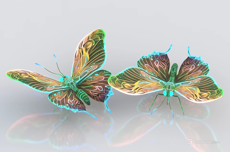 Colorful Butterflies With Vibrant Iridescent Wings And Detailed Patterns On Shiny Reflective Surface 3d model 