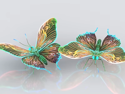 Colorful Butterflies With Vibrant Iridescent Wings And Detailed Patterns On Shiny Reflective Surface 3d model