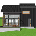 Modern Guesthouse Exterior Design With Black Roof Glass Windows And Outdoor Lawn Area