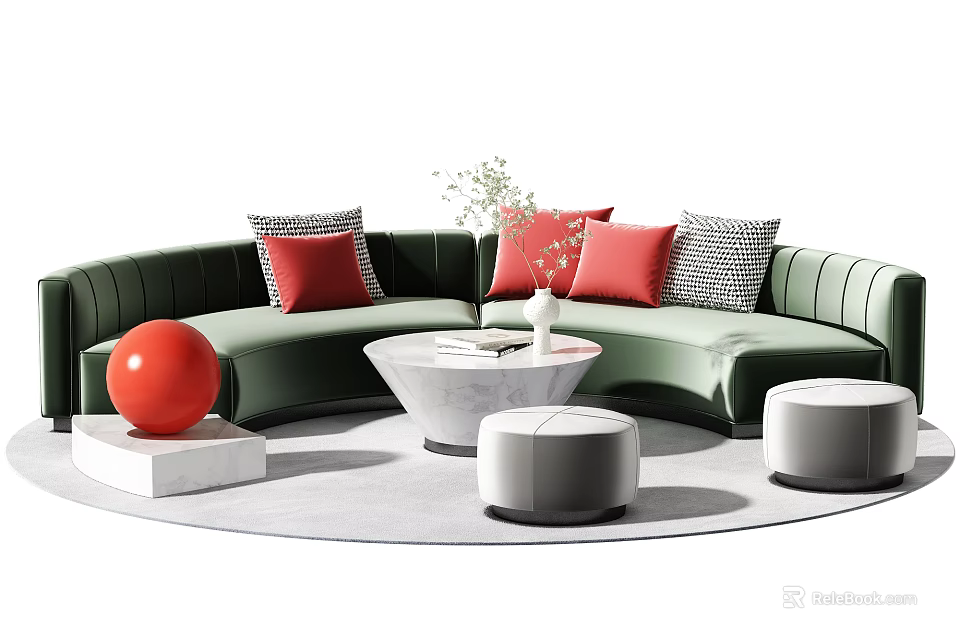 Green Sofa Coffee Table Set With Red Black Checkered Cushions Round Stools And Green Plants 3d model 