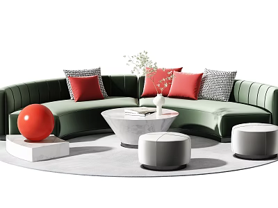 Green Sofa Coffee Table Set With Red Black Checkered Cushions Round Stools And Green Plants 3d model