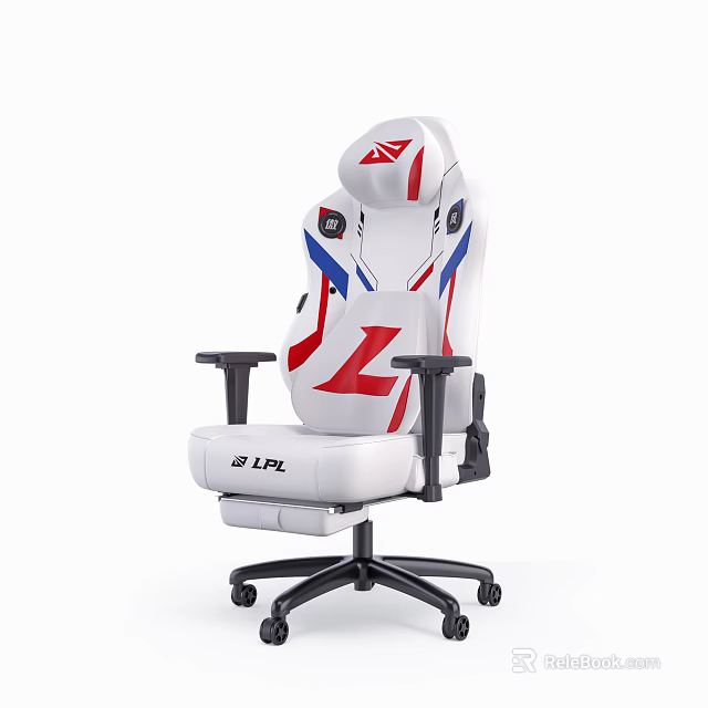 White Office Chair With Red Blue Accents Headrest And Ergonomic Design Armrests 3d model 