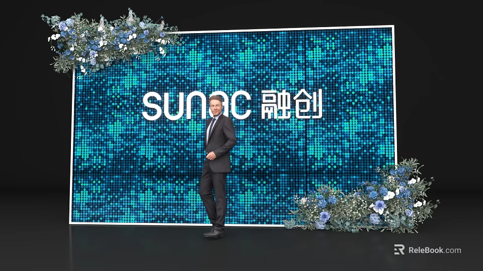 Stylish Photo Check In Spot With Blue LED Backdrop SUNAC Logo And Floral Decorations 3d model 