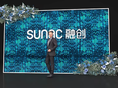 Stylish Photo Check In Spot With Blue LED Backdrop SUNAC Logo And Floral Decorations 3d model