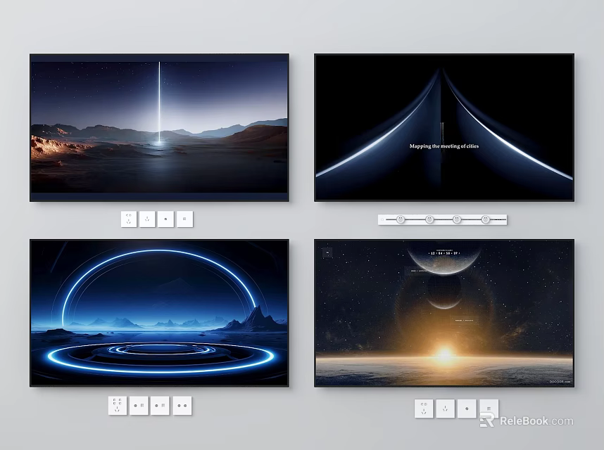 Futuristic Sci Fi Scenes With Light Beams Circular Rings And Planets 3d model 
