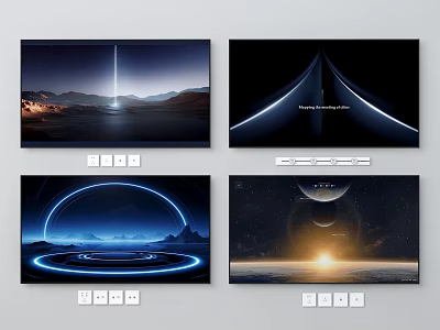 Futuristic Sci Fi Scenes With Light Beams Circular Rings And Planets 3d model