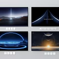 Futuristic Sci Fi Scenes With Light Beams Circular Rings And Planets