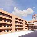 Red Brick Modern School Buildings With Classroom Structures Open Plaza Blue Sky And White Clouds