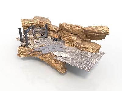 Natural Rock Scene Structure With Metal Gate Stone Slabs And Gravel Ground 3d model