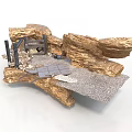 Natural Rock Scene Structure With Metal Gate Stone Slabs And Gravel Ground