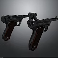 Two Classic Silver Metal Pistols With Red Shiny Grips On Dark Background