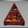 Red Triangular Furniture Shelf with Open Doors Books Small Items and Bottom Drawer