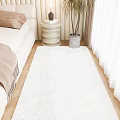 Bright Bedroom Interior Featuring White Shaggy Rug Beige Sofa Wooden Floor and White Curtains