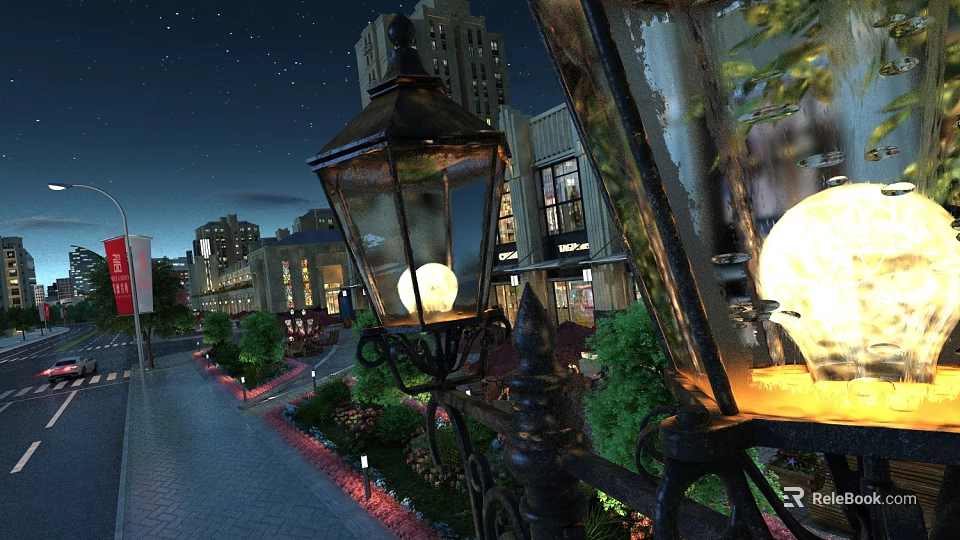 Outdoor Lights in Nighttime Street Scene with Vintage Lantern Design Illuminating Buildings and Trees 3d model 
