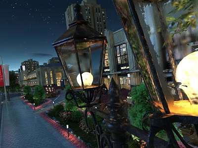 Outdoor Lights in Nighttime Street Scene with Vintage Lantern Design Illuminating Buildings and Trees 3d model