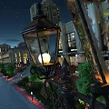 Outdoor Lights in Nighttime Street Scene with Vintage Lantern Design Illuminating Buildings and Trees