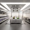 Commercial Kitchen Interior Featuring Stainless Steel Cabinets Large Range Hoods Central Worktable And Fresh Ingredients