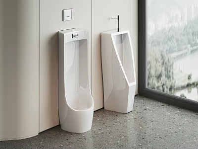 Modern White Ceramic Urinals In Bathroom Interior With Window And Gray Floor 3d model