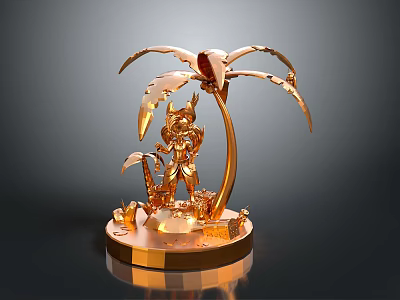Golden Decorative Sculpture With Palm Tree Figure And Circular Shiny Base 3d model